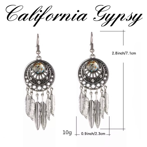 Silver Abalone Feather Bohemian Earrings - Picture 6 of 9